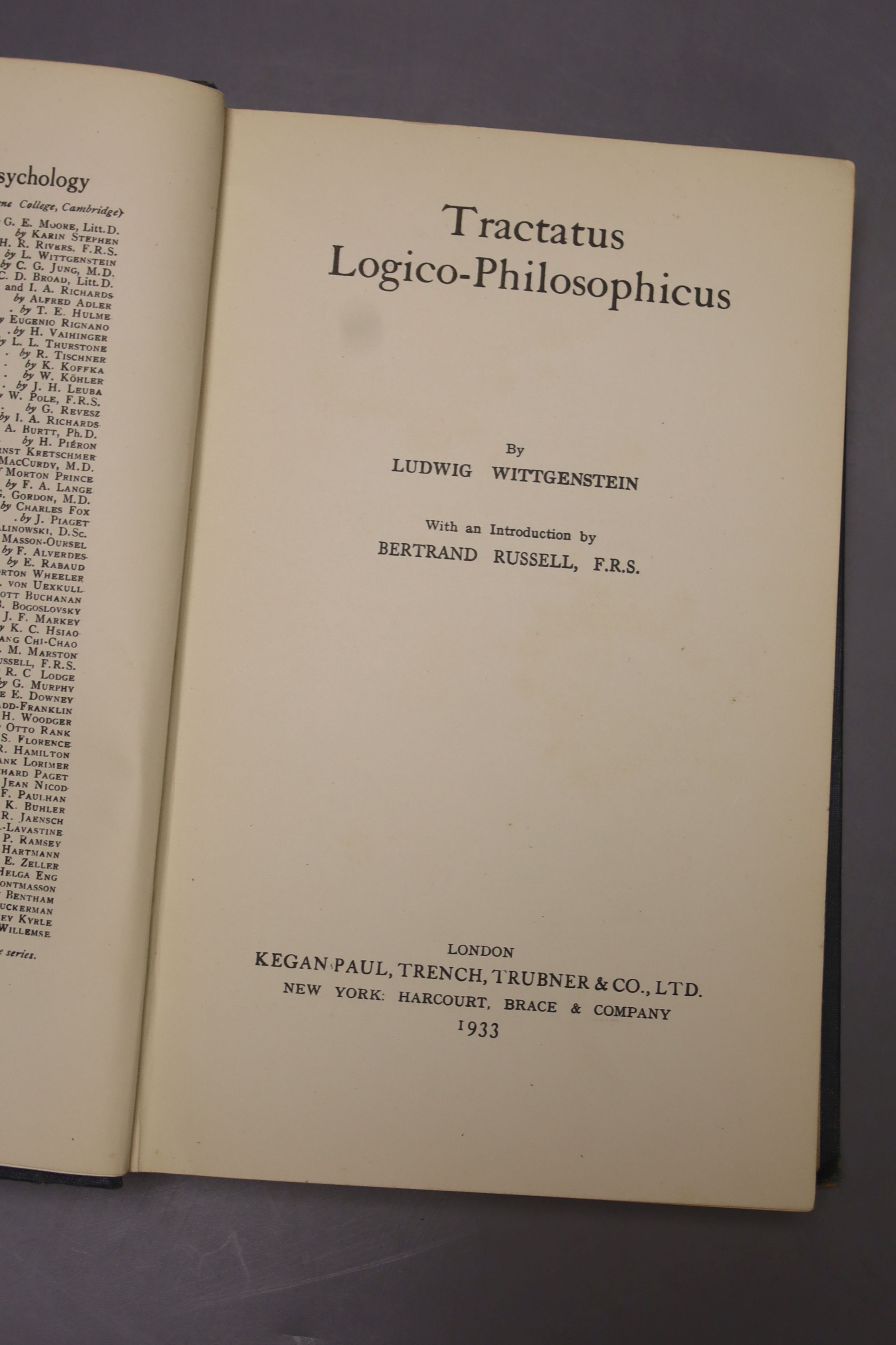 Wittgenstein, Ludwig – Tractatus Logico-Philosophicus, with an introduction by Bertrand Russell. gilt-lettered cloth, reprinted with a few corrections, 1933